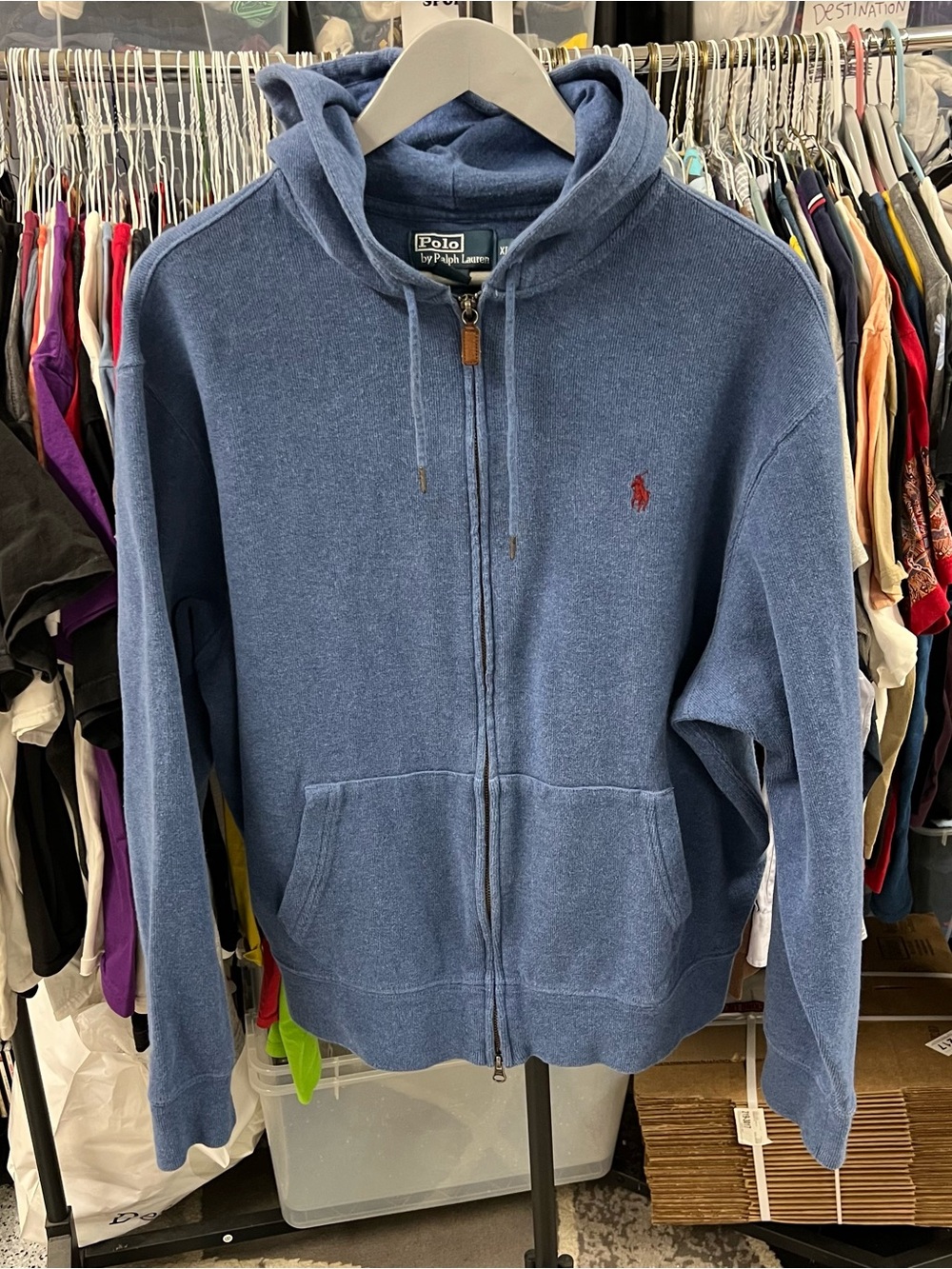 Polo Ralph Lauren Jacket Men’s XL Blue Full Zip Hooded Leather Zipper